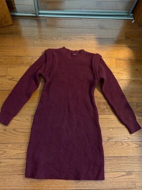 Ribbed Long Sleeve Knit Dress - Burgundy